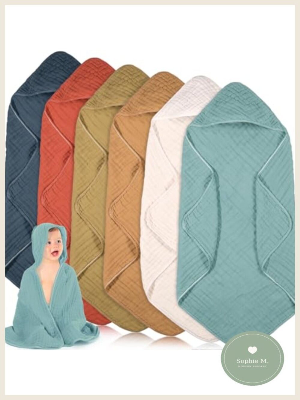 6 Pack Muslin Hooded Baby Towels 32x32 Inch Cotton Bath Towels